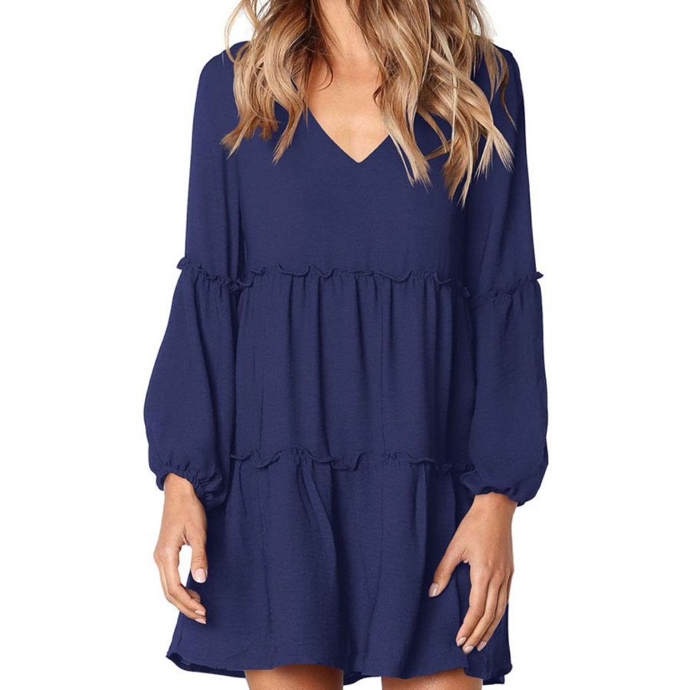 Long sleeve V neck loose ruffle swing shift dress